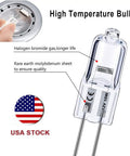 Bi-Pin Halogen Bulbs Pack of 10, 12V 10W, 150 Lumens, showing high temperature bulb features and USA stock label.
