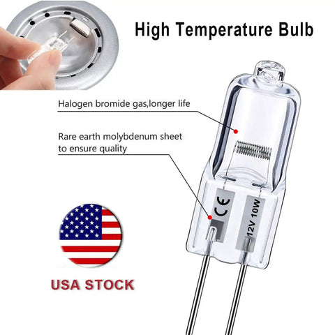 Bi-Pin Halogen Bulbs Pack of 10, 12V 10W, 150 Lumens, showing high temperature bulb features and USA stock label.