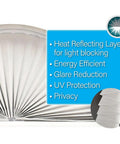 No Tools Needed Arch Window Shade White Pleated Fabric Light Blocking Privacy Shade With Peel And Stick Install For 72 W By 36 H Half Round Arch Windows, showing pleated design and features list.