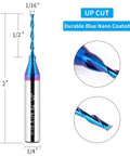 Upcut spiral router bit, 2 in length, 1/4 in shank, 1/16 in carbide cutting diameter, blue nano-coated