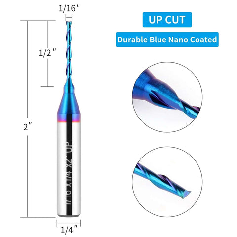 Upcut spiral router bit, 2 in length, 1/4 in shank, 1/16 in carbide cutting diameter, blue nano-coated