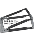 Legit Carbon Fiber License Plate Frame Set For Front And Rear Tag Holder with screws and rubber washers on a white background.