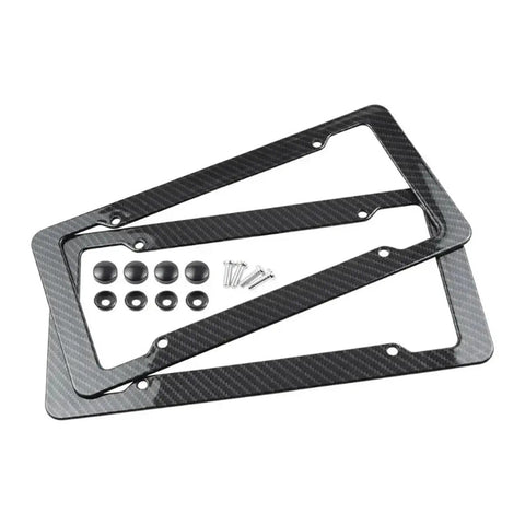 Legit Carbon Fiber License Plate Frame Set For Front And Rear Tag Holder with screws and rubber washers on a white background.