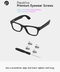 Top Shelf Replacement Temple Screws And Quick Fix Screwdriver Kit For Ray Ban Meta Wayfarer Skyler Headliner Gen Two Plus Oakley Meta Hstn Ai Sunglasses Silver Hardware with black glasses and stainless screws.