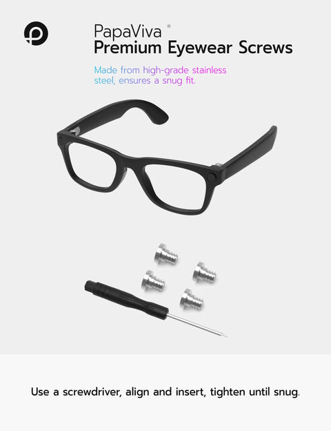 Top Shelf Replacement Temple Screws And Quick Fix Screwdriver Kit For Ray Ban Meta Wayfarer Skyler Headliner Gen Two Plus Oakley Meta Hstn Ai Sunglasses Silver Hardware with black glasses and stainless screws.