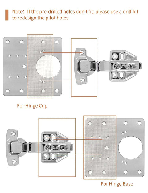 Diagram of Upgraded Cabinet Hinge Repair Plate Kit With Screws for kitchen cabinets, showing hinge cup and base installation