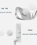 Women's Complete Golf Club Set With Stand Bag Right Handed 11 Piece Including Driver Wood Hybrid Irons Sand Wedge Putter And 3 Headcovers Lightweight Carbon Shafts For Easy Fatigue Free Swings And Best Bang For Your Buck Value showing SW, PW, and putter with golf balls for high launch and true aim