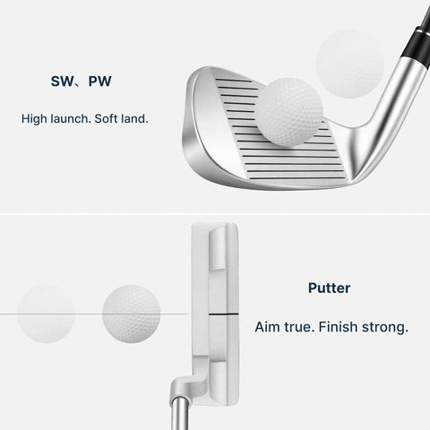 Women's Complete Golf Club Set With Stand Bag Right Handed 11 Piece Including Driver Wood Hybrid Irons Sand Wedge Putter And 3 Headcovers Lightweight Carbon Shafts For Easy Fatigue Free Swings And Best Bang For Your Buck Value showing SW, PW, and putter with golf balls for high launch and true aim
