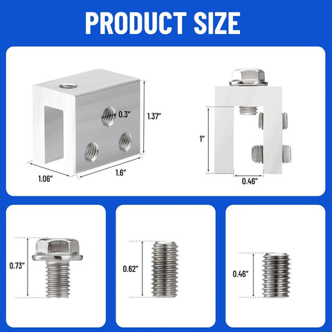 Straight Up Heavy Lifters Aluminum Standing Seam Roof Clamps dimensions, featuring sizes for M8 stainless steel fasteners shown.