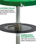 Beefed Up Air Powered Grease Pump Kit with adjustable collar and rubber-edged follower plate for 5 gal pails, high pressure.
