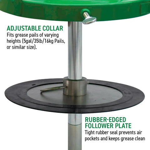 Beefed Up Air Powered Grease Pump Kit with adjustable collar and rubber-edged follower plate for 5 gal pails, high pressure.