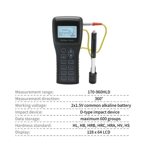 The Legit Pick Portable Leeb Hardness Tester Crushes Metal And Steel Testing With Straight Precision Multi Format Conversion And Big Screen Readings For Boss Level Quality Control showing 128x64 LCD and D-type impact device.