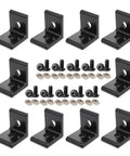 Super Cool 3030 Aluminum Extrusion Kit With 10 Solid Corner Brackets, Nuts And M6 Bolts For Building Custom 20 Series Rails Or V Slot Projects Fast, featuring 10 black L-shaped corner brackets and various bolts.