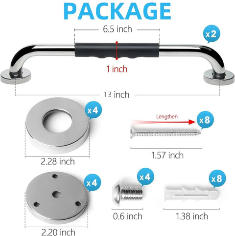 Image of Rock Solid Stainless Steel Shower Grab Bars Two Pack, showing dimensions and included hardware components for bathroom safety.