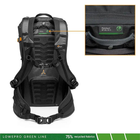 Back view of PhotoSport 24L AW III Hiking Camera Backpack with label detail, showcasing recycled fabric and strap design.