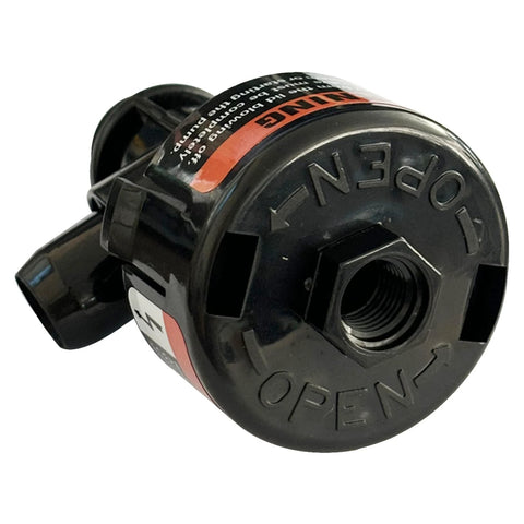 Trucktok high-flow manual relief valve for pool filter; black round valve with hex threaded inlet and OPEN marking.