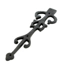 Close-up of a Garage Door Decorative Hardware Set 11 Inch Slick Black Wrought Iron Dummy Strap Hinge, decorative design detail.