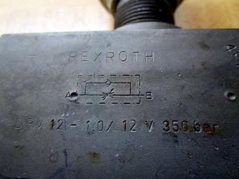 Rexroth Bosch DRV12-1.0/12V Flow Control Valve with etched labeling, showing hydraulic flow diagram and specifications.