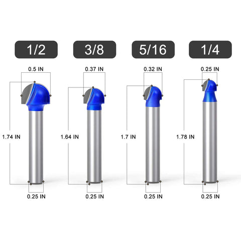 4 Pack Core Box Router Bits Set 1/4 Inch Shank Round Nose And Groove Cutter With 1/4 5/16 3/8 1/2 Inch Diameters detail view
