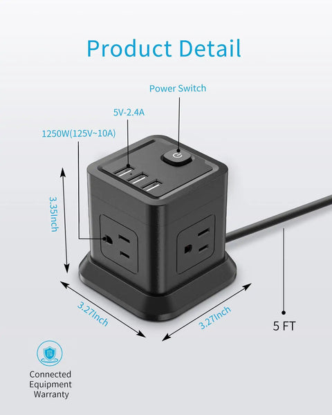 Flat Plug Power Strip With USB Ports, 4 AC Outlets And 3 USB Chargers, 5 Ft Extension Cord, Desktop Charging Station shown