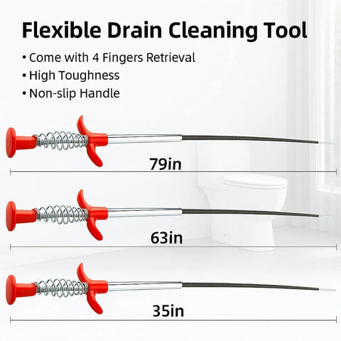 Boss Level Drain Auger Kit With Grabber For Hair Clogs Flexible Plumbing Snake For Toilet Sink Shower And Tub Heavy Duty Manual Drain Cleaner With 35 Inch 63 Inch And 79 Inch Lengths For Quick No Fuss Clog Busting