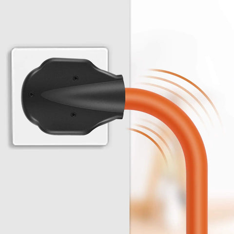 NEMA 14-50P To 6-50R Welder Adapter Cord plugged into wall outlet, showing heavy-duty orange STW 8AWG cable flexibility.