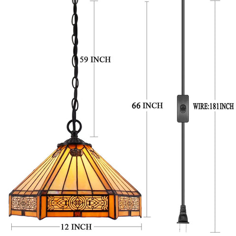 Lit Tiffany Style Pendant Light Hardwired Yellow Hexagon Stained Glass 12 Inch Mission Hanging Lamp S011 with dimensions