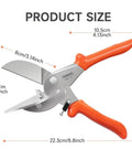 Multi Angle Miter Shear Cutter With Adjustable 45 To 135 Degrees And Safety Lock, silver blades, orange handles, size details shown.