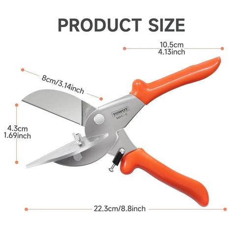Multi Angle Miter Shear Cutter With Adjustable 45 To 135 Degrees And Safety Lock, silver blades, orange handles, size details shown.