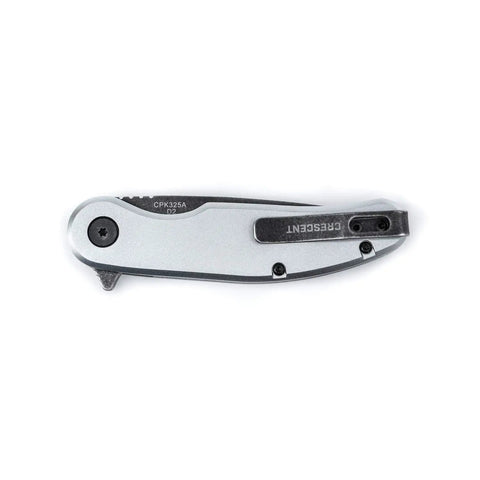 Folded 3 1/4 Inch Drop Point Pocket Knife with aluminum handle and D2 steel blade, smooth ball bearing deployment visible