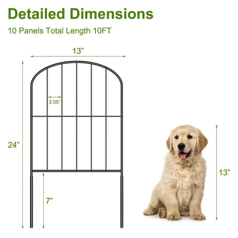 Diagram showing dimensions of an arched metal garden fence panel, 24 inches high by 13 inches wide, next to a small dog for scale.