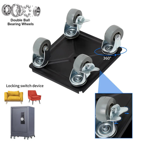 Heavy Duty Furniture Movers With 360 Degree Roller Wheels Set Includes Lifter Tool For Easy Moving Of Heavy Loads Up To 880 Lbs showing four carbon steel rollers with locking switch.