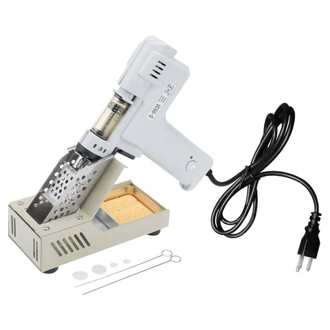 Portable 110V 50Hz 100W Desoldering Gun With Vacuum Pump in holder for electronics repairs and rework, showing cable and accessories