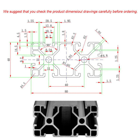 Technical drawing and profile view of 4080 T Slot Aluminum Extrusion for 3D Printer Frames and CNC DIY Builds Black Anodized 500mm by 20mm.