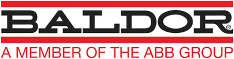 Baldor logo, a member of the ABB Group, featuring bold black letters on a white and red background