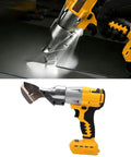 Fafeicy Cordless Metal Shears Deliver 400Nm Torque For Cutting Stainless Steel And Sheet Metal With 360 Rotating Head Electric Cutter featuring bright LED light, used for clean metal cuts.