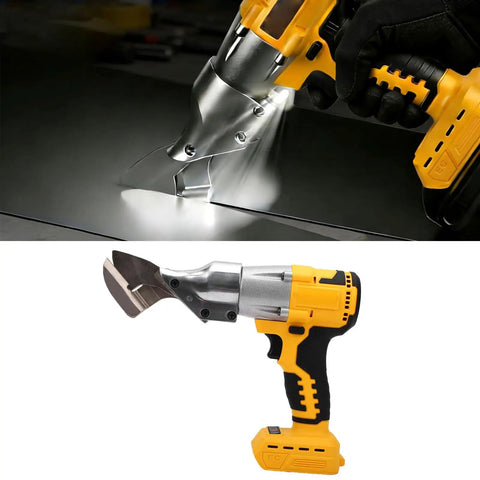 Fafeicy Cordless Metal Shears Deliver 400Nm Torque For Cutting Stainless Steel And Sheet Metal With 360 Rotating Head Electric Cutter featuring bright LED light, used for clean metal cuts.