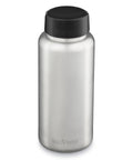 No Sweat Wide Mouth Stainless Steel Water Bottle With Loop Cap 40 Oz Non Insulated BPA Free, brushed finish with black loop cap.