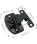 Bulletproof Four Piece Black Metal Table Locks Heavy Duty Desktop Securing Hardware with measurements, black galvanized steel design.