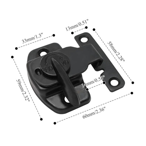 Bulletproof Four Piece Black Metal Table Locks Heavy Duty Desktop Securing Hardware with measurements, black galvanized steel design.