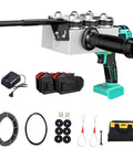 Kickass Cordless Fish Tape Wire Puller For Electricians With High Power Brushless Motor showing tool, battery, charger, and accessories.