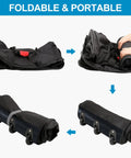 Foldable black fabric rolling duffel bag with three wheels and a shoulder strap for travel