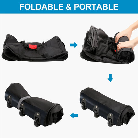 Foldable black fabric rolling duffel bag with three wheels and a shoulder strap for travel