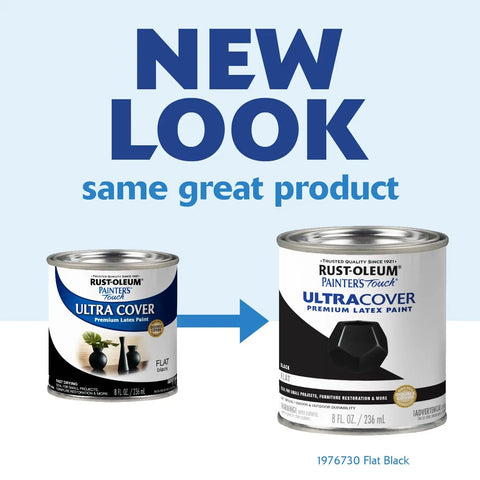 New look packaging for Flat Black Latex Paint For Indoor Outdoor DIY Projects, Water Based, Low Odor, 8 oz.
