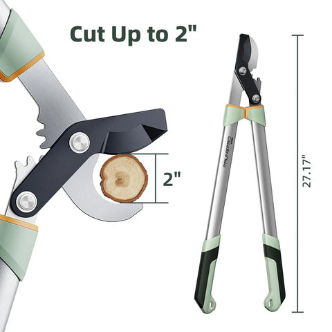Heavy Duty Bypass Loppers For Tree Trimming With German Stainless Steel Blades Rust Resistant And Beast Mode Sharp Up To 2 Inch Branches Yard Work Ready Pruner For Garden Maintenance, 27.7 inch length, cutting branch close-up