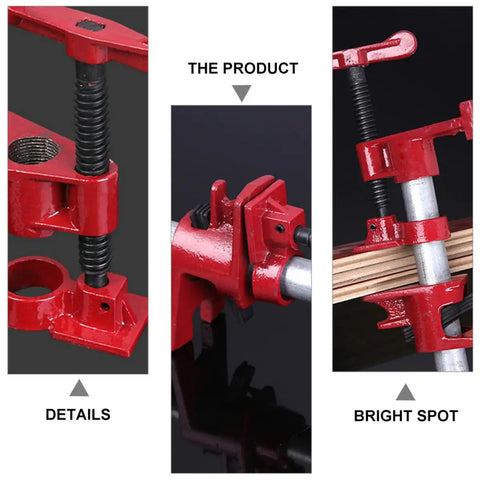 Close-up of Heavy Duty Steel Pipe Clamps With Comfort Grip Rubber Sleeves, showcasing details and components for woodworking use.