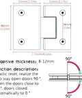 Detailed diagram of Rock Solid Heavy Duty Glass Shower Door Hinges, 2 Pack 180 Degree Pivot Clamps for 8 to 12 mm frameless glass.