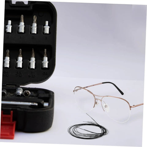 Replaceable Eyeglass Repair Thread for Quick Eyewear Adjustments, Lightweight Fixing String Kit next to glasses and tool case