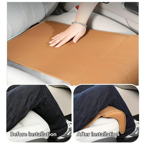 Premium Car Seat Leg Support Pad Cushion For Mini John Cooper Works Electric 2025 2026 Models with PU leather, shown before and after installation.
