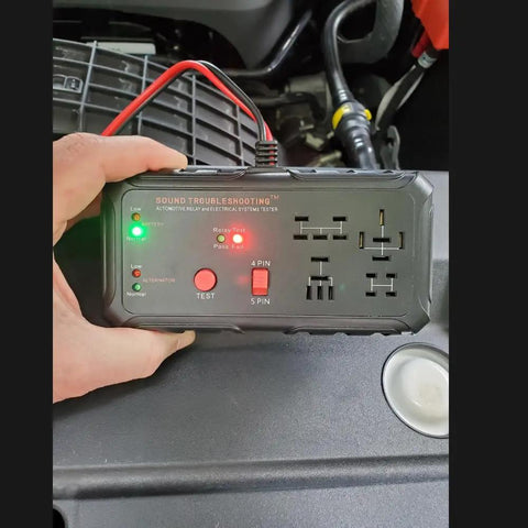12V Automotive Relay Tester Kit with Battery and Alternator Check in use, testing 4 and 5 pin relays for diagnosis